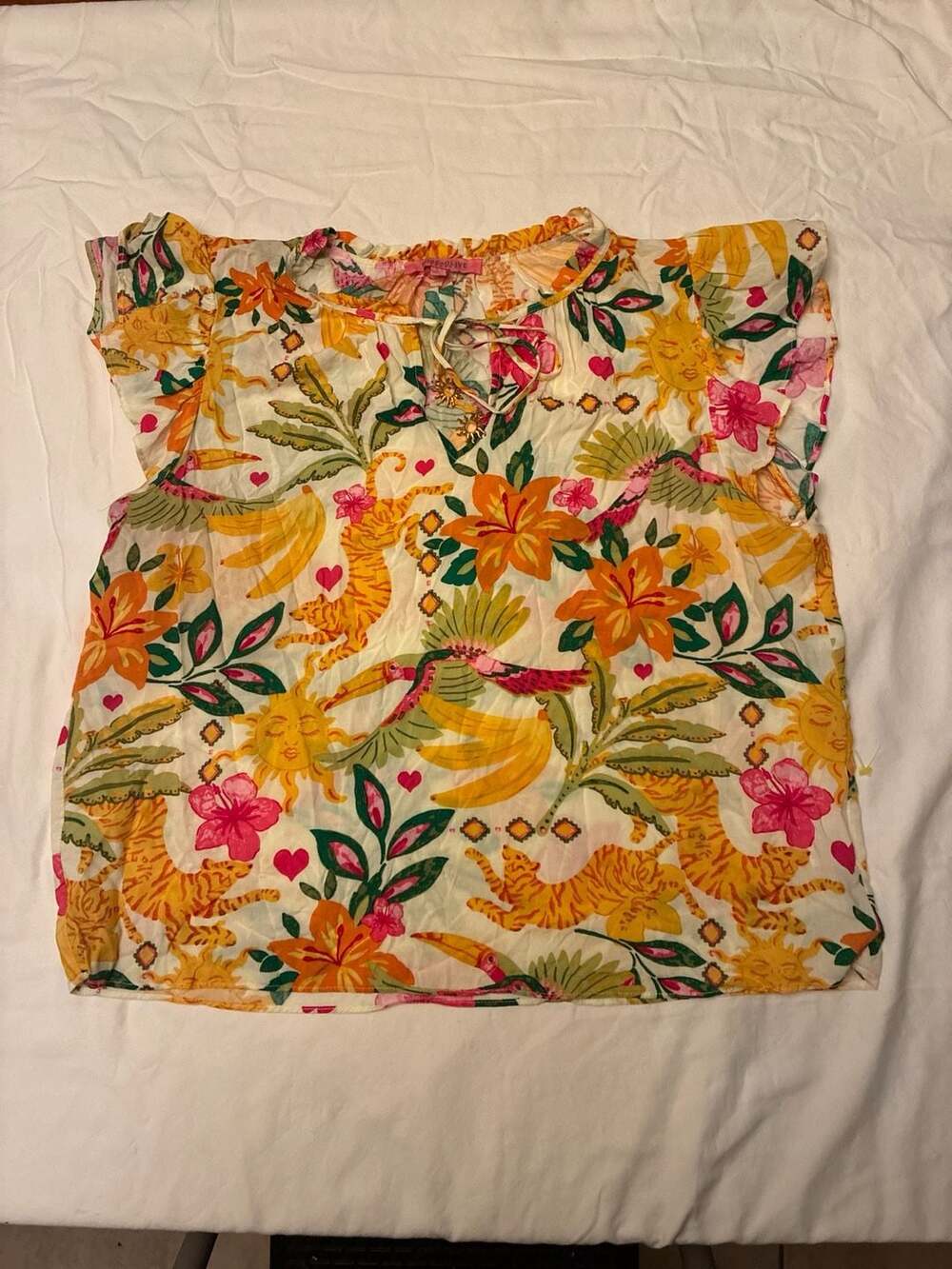 Rose + Olive Resort Tropical Tiger and Banana Print Ruffle Sleeve Blouse with Su